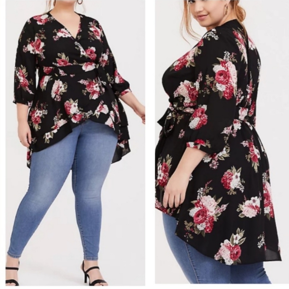 Torrid high low wrap top. Size 2. Black and red floral print.